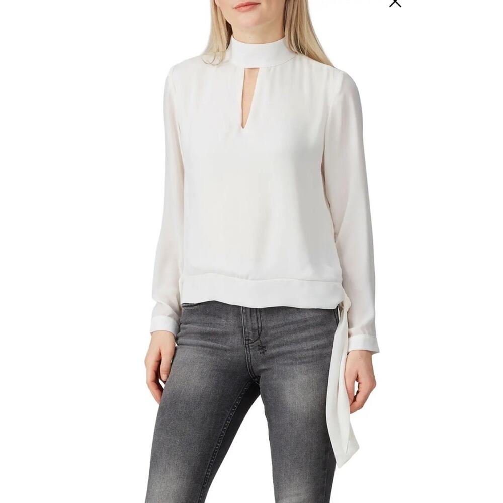Krisa Cream Cutout High Neck Ling Sleeve Blouse XS
